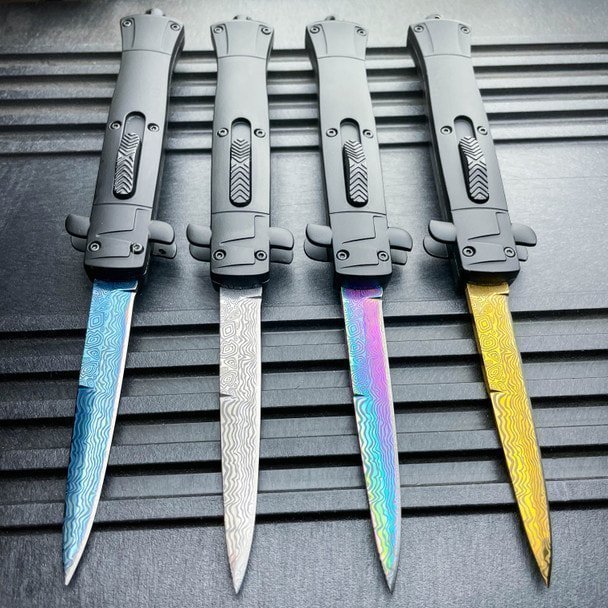 9_-Italian-Stiletto-Style-OTF-Knife-Damascus-Etch.jpg 9 Italian Stiletto Style OTF Knife Damascus Etch